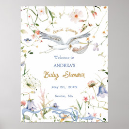 Stork Wildblume Ribbon Babydusche Willkommen Poster