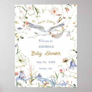Stork Wildblume Ribbon Babydusche Willkommen Poster