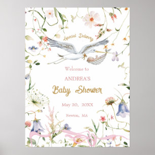 Stork Wildblume Ribbon Babydusche Willkommen Poster