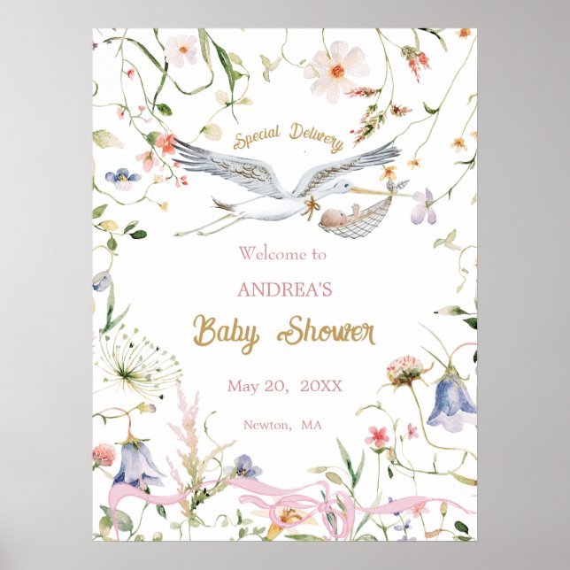 Stork Wildblume Ribbon Babydusche Willkommen Poster (Vorne)