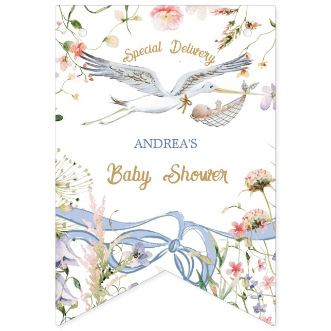 Stork Wildblume Ribbon und Bow Baby Dusche Wimpelkette (Erste Fahne)