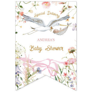 Stork Wildblume Ribbon und Bow Baby Dusche Wimpelkette