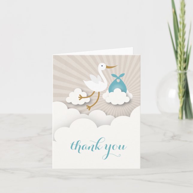Stork With Blue Bundle Baby Shower Thank You Dankeskarte (Vorderseite)