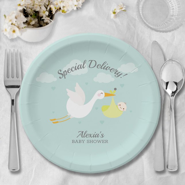 Stork Yellow Baby Bundle Baby Dusche Pappteller (Cute stork yellow baby bundle unisex baby shower paper plates)