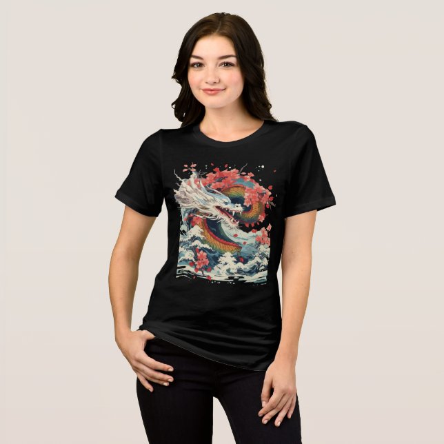 Storm Dragon with Sakura and Waves Tri-Blend Shirt (Vorderseite voll)