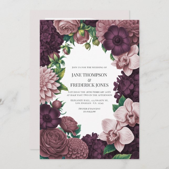 Storm Plum, Graphite Rose & Antique Blush Wedding Einladung (Vorne/Hinten)