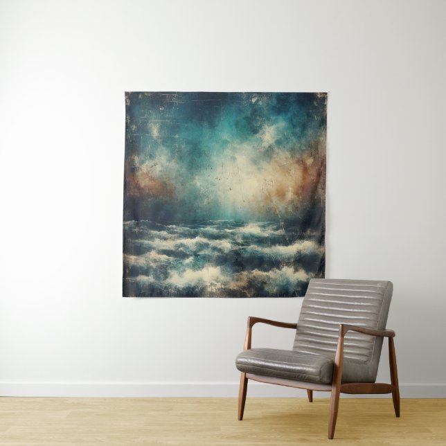 Stormy Blue Ocean Old Photograph Wandteppich (Beispiel)
