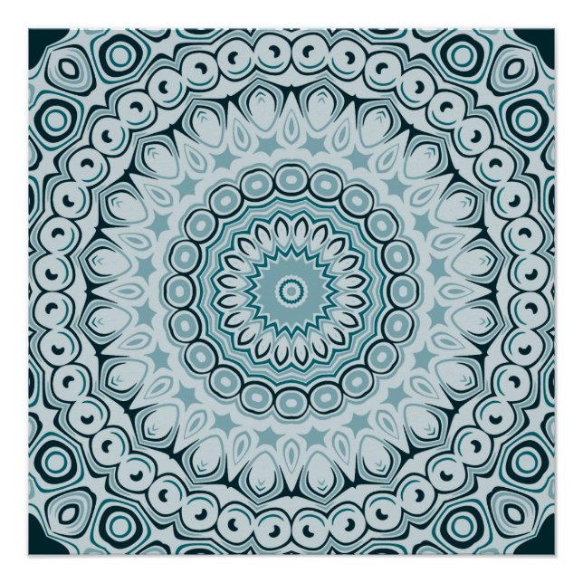 Stormy Blue und Gray Mandala Pattern Poster (Vorderseite)
