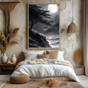 Stormy Cliff Moonlight in einfarbiger Schwarz & We Poster