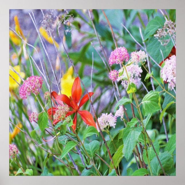 Stormy Garden Landschaft mit Hydrangea und Lilies Poster (Vorne)