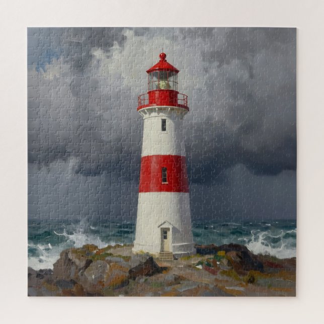 Stormy Red Lighthouse Coastal  Puzzle (Vertikal)
