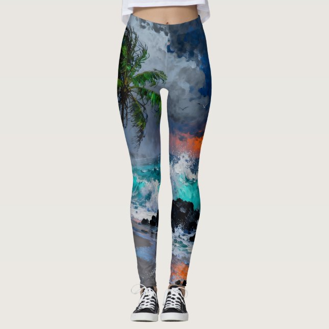 Stormy Serenity: Rain and Wind Beach at Sunset  Leggings (Vorderseite)