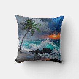 Stormy Serenity:Rain and Wind on a Beach at Sunset Kissen