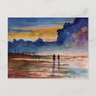 Stormy Sunset Beach Coming Wassercolor Seascape Postkarte