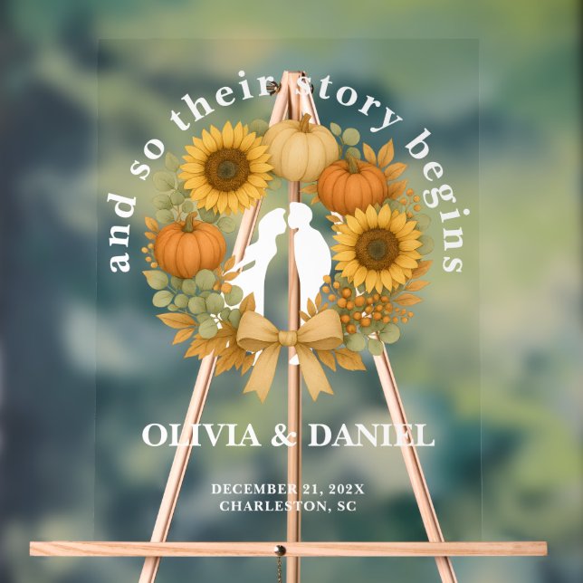 Story Begins Pumpkin Wreath Herbsthochzeit Willkom Acrylschild (Neutral)