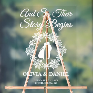 Story Begins Snowflake Winter Wedding Willkommen Acrylschild