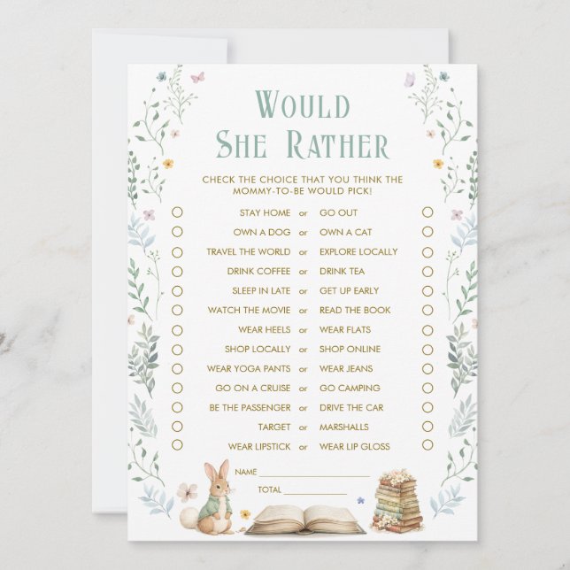 Story Book Baby Shower Would She Rather Game Card Einladung (Vorderseite)