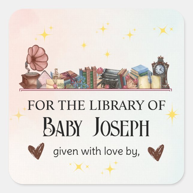 Story Book Library Das nächste Kapitel Baby Dusche Quadratischer Aufkleber (Vorderseite)