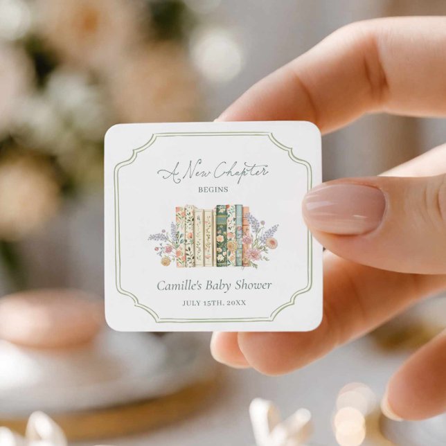Storybook Baby Shower A New Chapter Favor Quadratischer Aufkleber (A New Chapter baby shower square sticker)