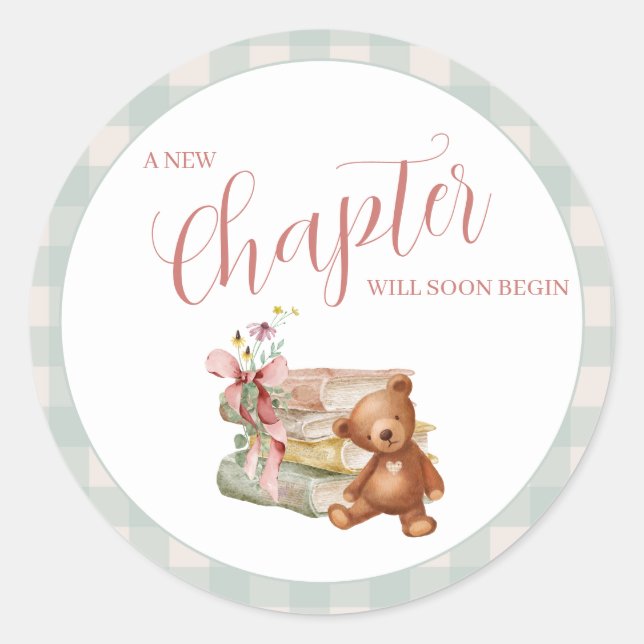 Storybook Baby Shower Neues Kapitel beginnt Runder Aufkleber (Vorderseite)