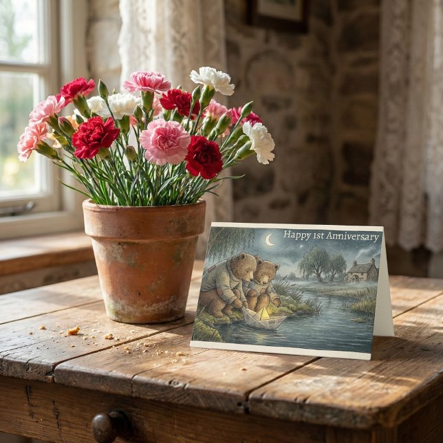 Storybook Bears Paper Boat | 1st Anniversary Karte (Happy 1st Wedding Anniversary Cottagecore storybook bear & paper boat illustration greeting card)