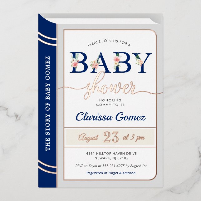 Storybook Book Cover Baby Boy Dusche Royal Blue Folieneinladung (Vorderseite)