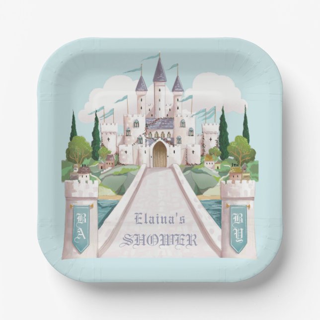 Storybook Castle Illustriert Blue Baby Dusche Pappteller (Vorderseite)