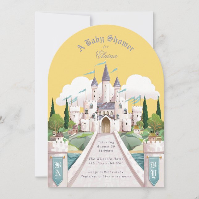 Storybook Castle Illustriert Yellow Baby Shower Einladung (Vorderseite)
