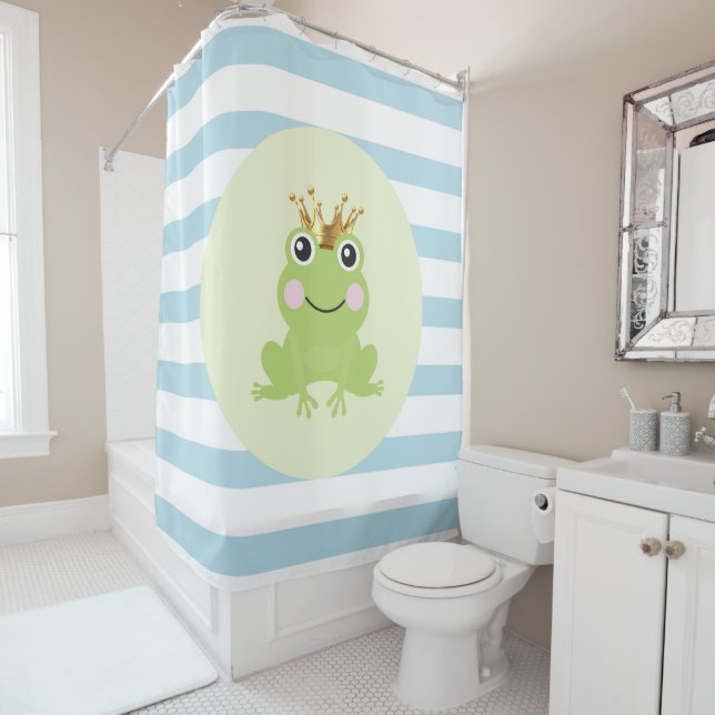 Storybook Fairy Tale Frog Prince Blue Stripes Duschvorhang (Beispiel)