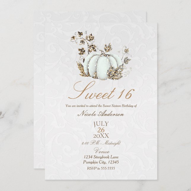 Storybook Gold White Pumpkin Fairy Tale Sweet 16 Einladung (Vorne/Hinten)