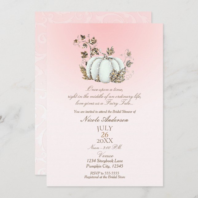 Storybook Pink White Pumpkin Fairy Tale Bridal Einladung (Vorne/Hinten)
