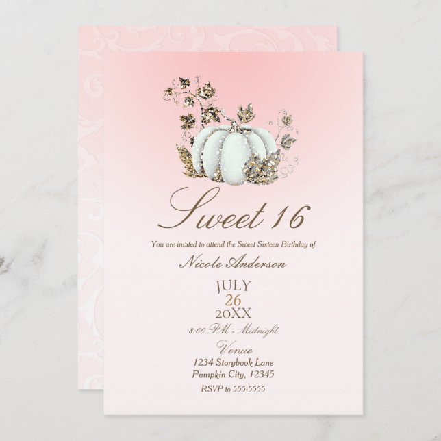Storybook Pink White Pumpkin Fairy Tale Sweet 16 Einladung (Vorne/Hinten)