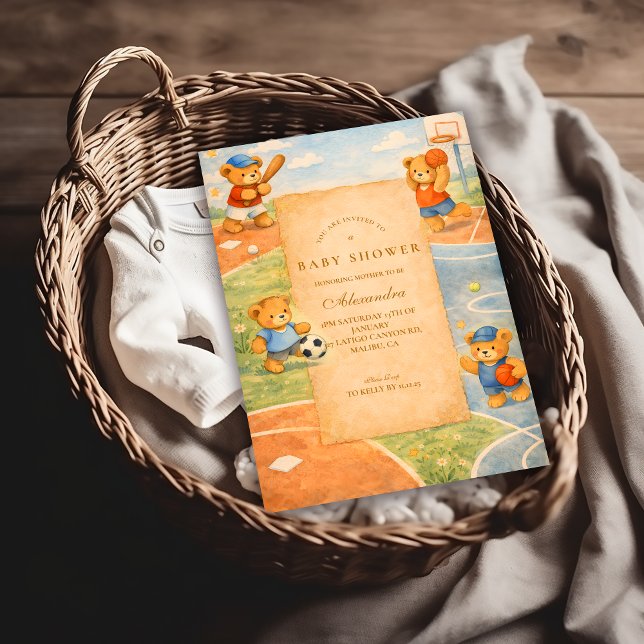 Storybook Sports Teddy Bears Baby Shower Einladung (Von Creator hochgeladen)