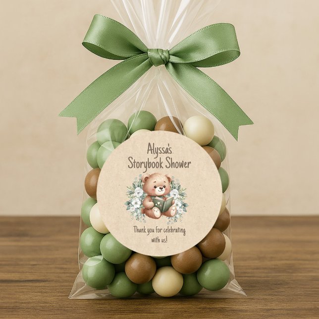 Storybook Teddy Bear Guest Gefallen Vielen Dank Runder Aufkleber (Teddy bear storybook baby shower "Thank you" sticker.
)
