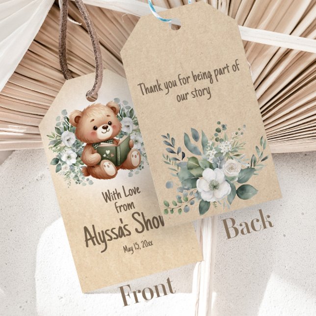 Storybook Teddy Bear Vintag Books Baby Geschenkanhänger (Storybook teddy bear baby shower gift tags)