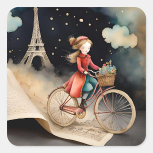 Storybook Watercolor Paris Fahrradtour Quadratischer Aufkleber