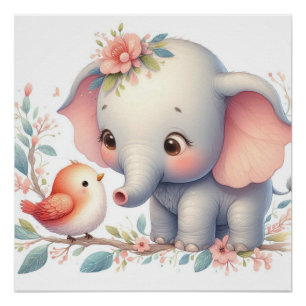 Storybook Woodland Babies Elephant and Bird Poster