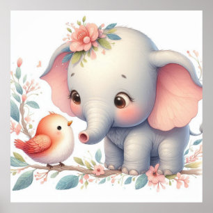 Storybook Woodland Babies Elephant and Bird Poster