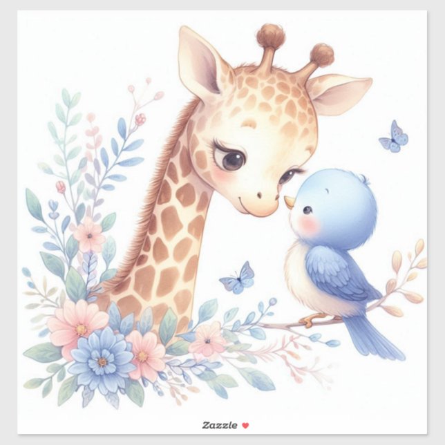 Storybook Woodland Babies Giraffe und Blauer Vogel Aufkleber (Blatt)
