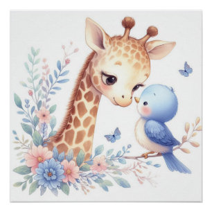 Storybook Woodland Babies Giraffe und Blauer Vogel Poster