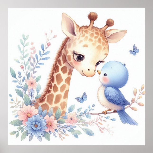 Storybook Woodland Babies Giraffe und Blauer Vogel Poster (Vorne)