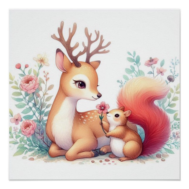 Storybook Woodland Babies Hirsch und Chipmunk Poster (Vorderseite)
