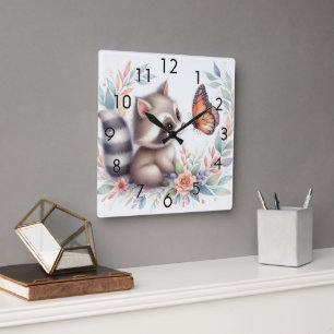 Storybook Woodland Babies Raccoon und Butterfly Quadratische Wanduhr