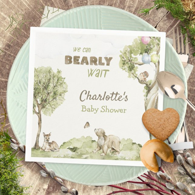 Storybook Woodland Bearly Wait Baby Shower Serviette (Watercolor Woodland Bearly Wait Baby Shower Napkins ©Susanne Sachers - Sunny Mind 🌞)