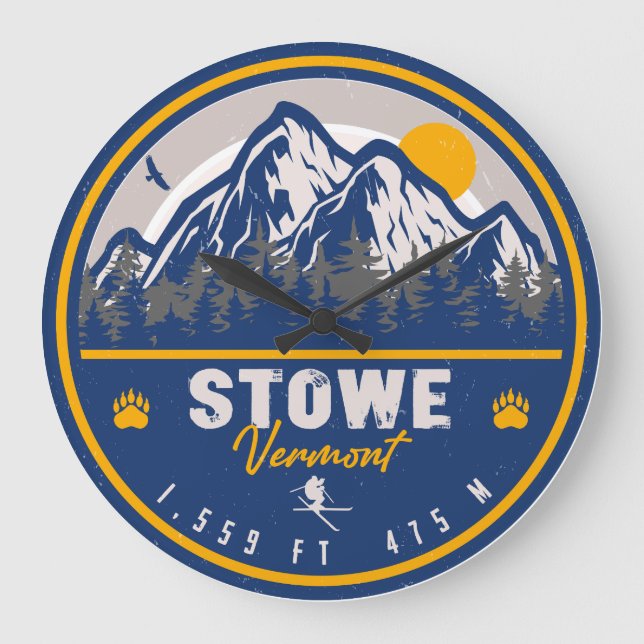 Stowe Mountain Vermont Retro Sunset Ski Souvenir Große Wanduhr (Vorderseite)