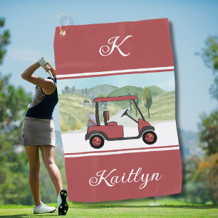 Strahlend in Rot Golf Gal Cart Monogramm Name Golfhandtuch