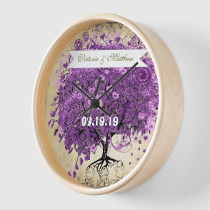 Strahlend Lila Herzblatt-Baum-Hochzeit Wanduhr