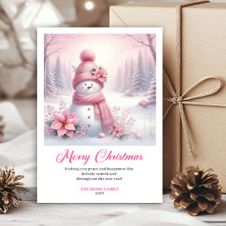Strahlend rosa Schneemann Winter Kinderkarte digit Feiertagskarte