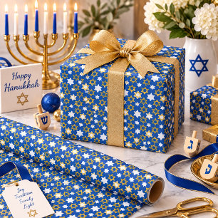 Strahlende Davidsterne Elegant Blau, Gold & Weiß Geschenkpapier