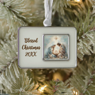 Strahlende Heilige Familie Weihnachtsszene Rahmen-Ornament Silber